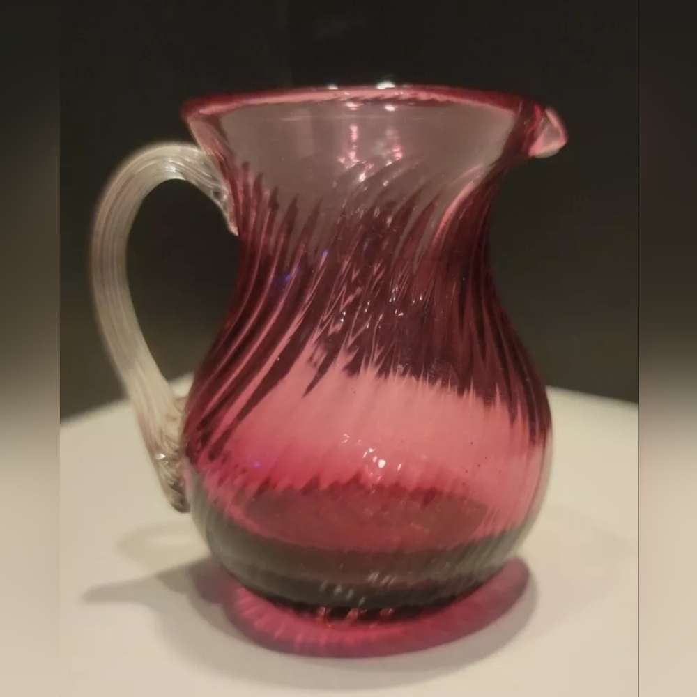 Pilgrim Cranberry Glass Swirl 3" Pitcher Applied Handblown Handle Pre-owned